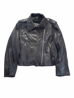 Vintage 80s Black Leather Motorcycle Jacket Asymmetric Zip Biker Moto Size 12